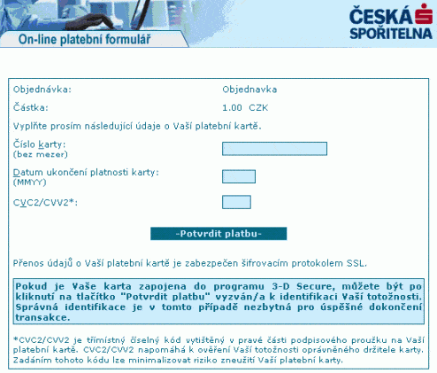 Online platebn� formul�� �esk� spo�itelny - zad�n� �daj� o kart�