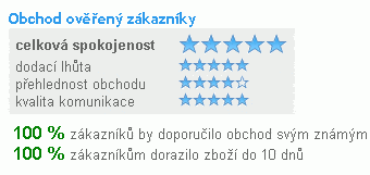 Celkov� spokojenost: 5 bod� z 5 (maximum), dodac� lh�ta: 5 bod� z 5 (maximum), p�ehlednost: 4 body z 5, kvalita komunikace: 5 bod� z 5 (maximum). 100% z�kazn�k� by doporu�ilo obchod sv�m zn�m�m, 100% z�kazn�k�m dorazilo zbo�� do 10 dn�.