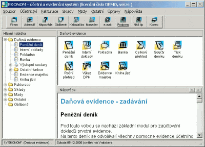 Seznam agend pro daňovou evidence: deník, pokladna, banka atd.