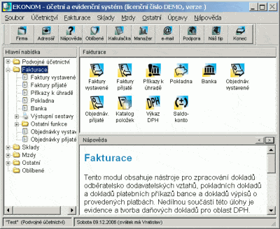 Seznam agend pro fakturaci: faktury vystavené, přijaté, pokladna, banka atd.