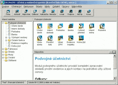 Seznam agend pro podvojné účetnictví: deník, pokladna, banka atd.
