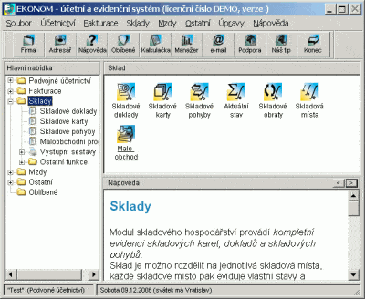 Seznam agend pro sklady: karty, pohyby atd.